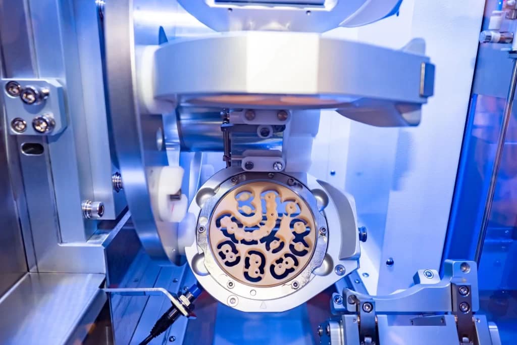 Close-up of zirconia being milled on a CAD/CAM unit