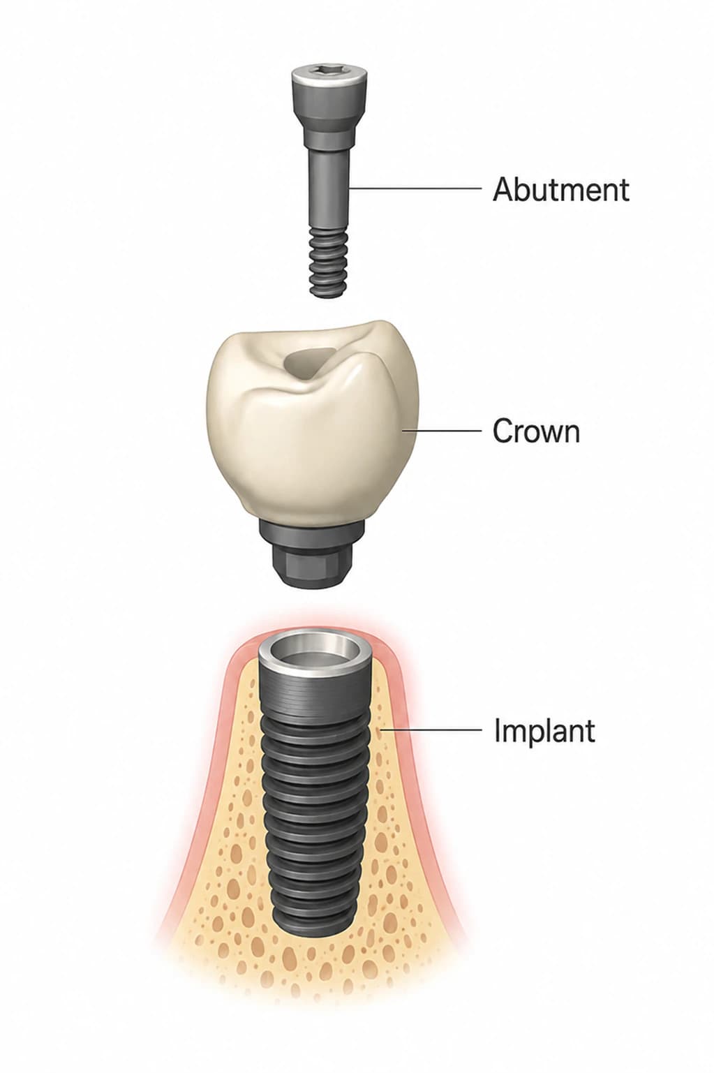 A dental implant, abutment and crown drawn as separate parts beside the jawbone