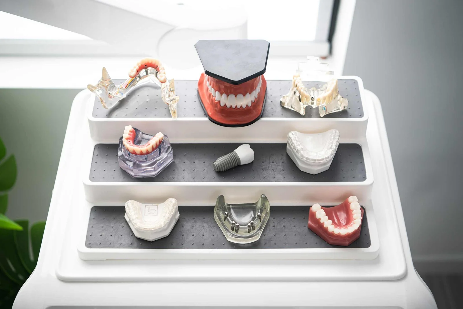 A stand of denture and implant models used to walk patients through the options